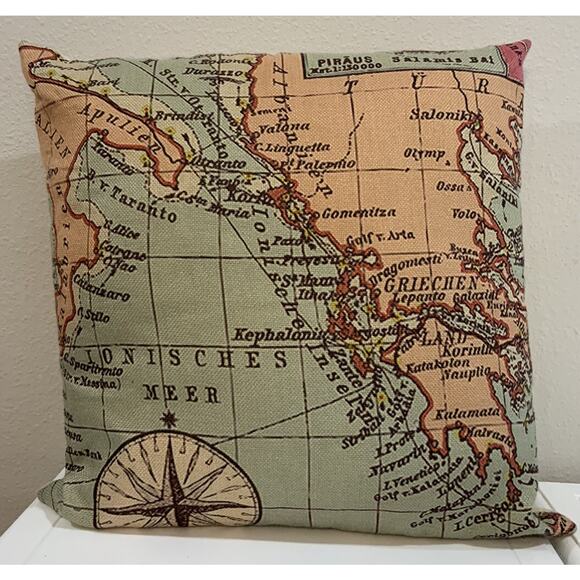 Old World Map Italy Greece Mediterranean Sea Compass Throw Pillow 17” X 17” - Picture 1 of 8